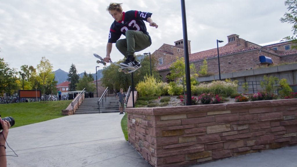 Skateboarding is everywhere across campus. This is Joe Abruzzo sending it off a ledge outside of the Visual Arts Complex. (Photo: Joseph Wirth)