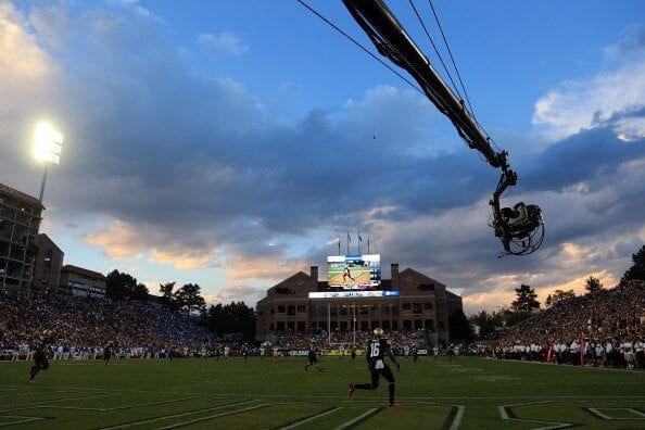 BOULDER, CO - SEPTEMBER 29: The television boom camera follows the action as defensive back Jeffrey Hall #16 of the Colorado Buffaloes receives a kick off against the UCLA Bruins at Folsom Field on September 29, 2012 in Boulder, Colorado. UCLA defeated Colorado 42-14. (Photo by Doug Pensinger/Getty Images)