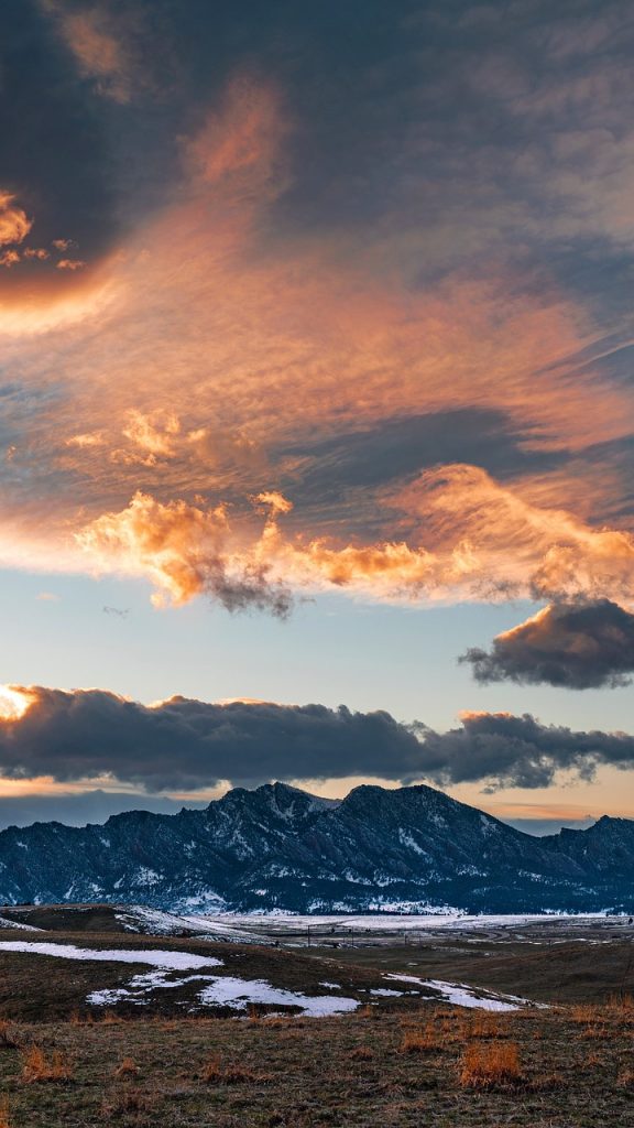 mountains, sunset, clouds