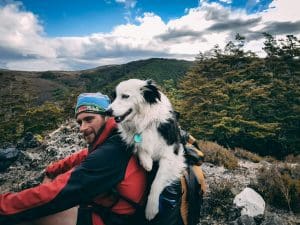 a man sitting on a rock with a dog on his back