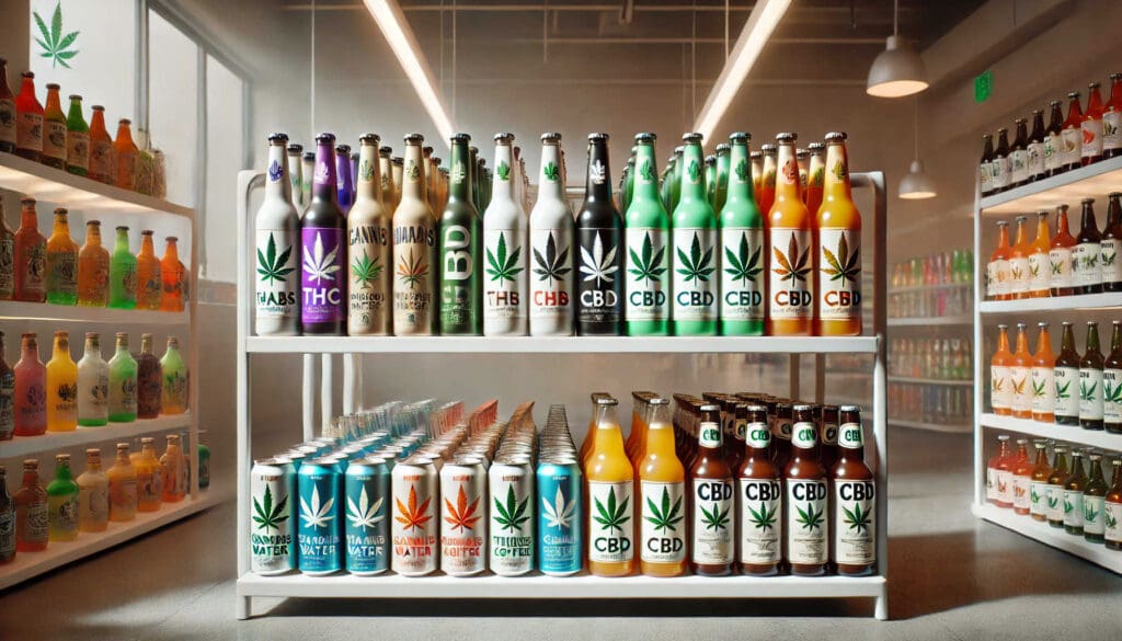 shelf with a variety of infused beverages in a dispensary