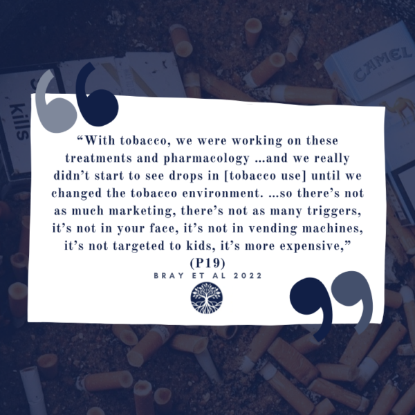 "With tobacco, we were working on these treatments and [pharmacological interventions, like prescription medications to help reduce tobacco use] ... and we really didnt's start to see drops in [tobacco use] until we changed the tobacco envrionment. ...so [that] there's not as much marketing, there aren't as many triggers, it's not in your face, it's not in vending machines, it's not targeted to kids, it's more expensive," one binge eating disorder expert stated in Bray et al., 2022, addressing the deep parallels between the role of predatory tobacco industry practices and environments on tobacco use and similar practices and predatory food environments' impacts on disordered eating and eating disorders, as well as a variety of other health issues, including diabetes, cardiovascular disease, metabolic issues, overweight, and obesity.