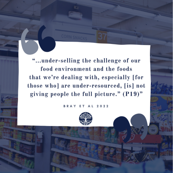 "...under-selling the challenge of our food environment and the foods that we're dealing with, especially [for those who] are under-resourced, [is] not giving people the full picture," one expert stated in Dr. Bray's ground breaking research publication (Bray et al., 2022).