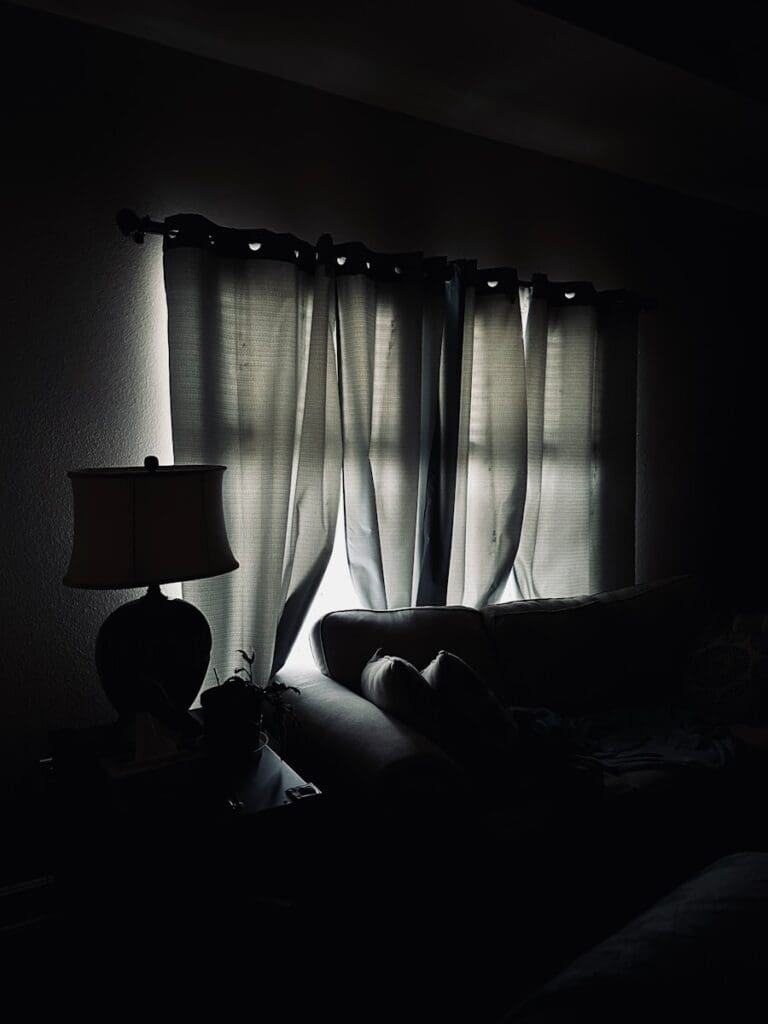 a living room with a couch and a lamp