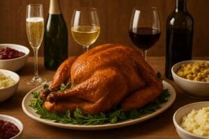 A beautiful roast turkey surrounded by wine pairing suggestions