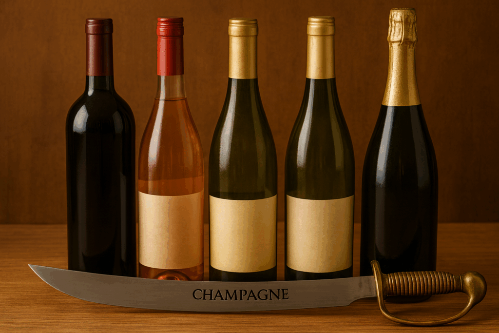 wines lined up behind a champagne cork saber. 