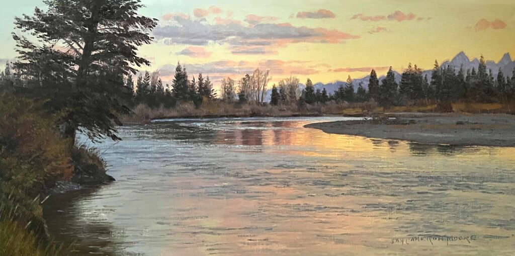 Jay Moore landscape painting of the sunset in a Colorado river