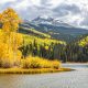 a lake surrounded by trees with a mountain in the background